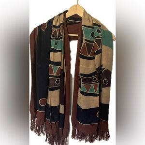 Multicolor Patterned Scarf  shawl with Fringe fish design